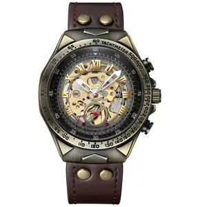 1pc Vintage Copper Mechanical Timepiece, Featuring Water Resistance, a Brown Faux Leather Band, an Open Gear Design, a Skeleton Back, a Visible Transparent Flying Tourbillon with Power Reserve, Fully Automatic European Imported Mechanical Movement, Automa