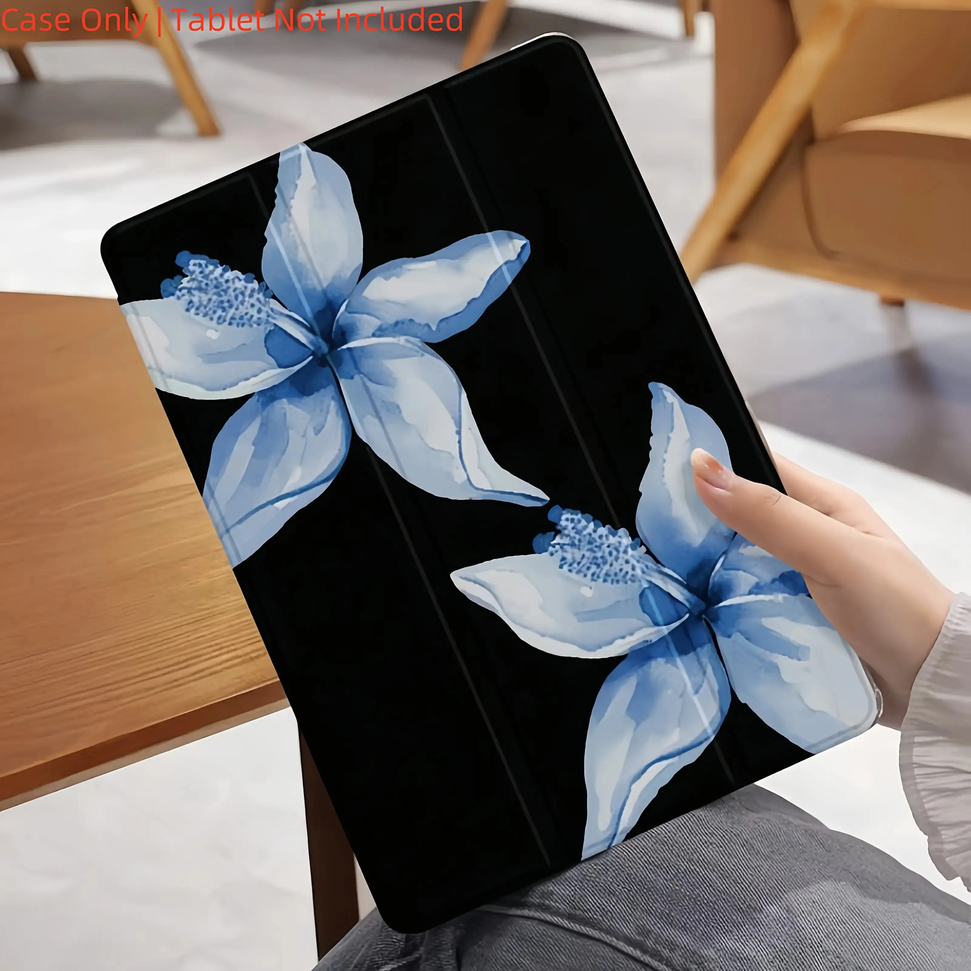 Blue Flower Tri-Fold Flip Cover Stand with Pen Holder and Anti-Drop Tablet Case for iPad Air 4th/Air 5th (10.9-Inch), 7/8/9th (10.2-Inch), 5th/6th, Air 1st/Air 2nd (9.7-Inch), Air 3rd (10.5-Inch), Pro (11-Inch), 10th Generation, Accessories, Protection, T