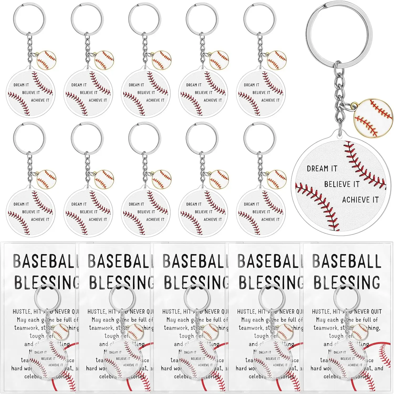 15-Set Aesthetic Baseball Team Gift Set with 15 Acrylic Keychains & Motivational Cards, Sports Souvenir Rewards, Fan Shop Party Favors, Aesthetic Keychain Set