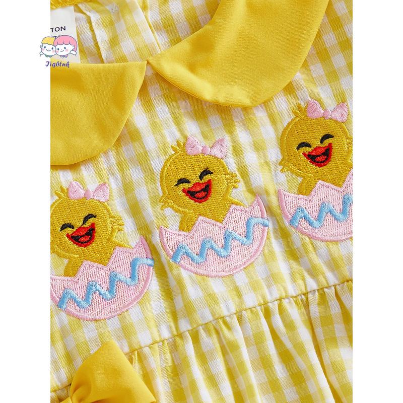 Baby Girl Easter Outfits Short Sleeve Chick Embroidery Romper with Headband Set Newborn Clothes