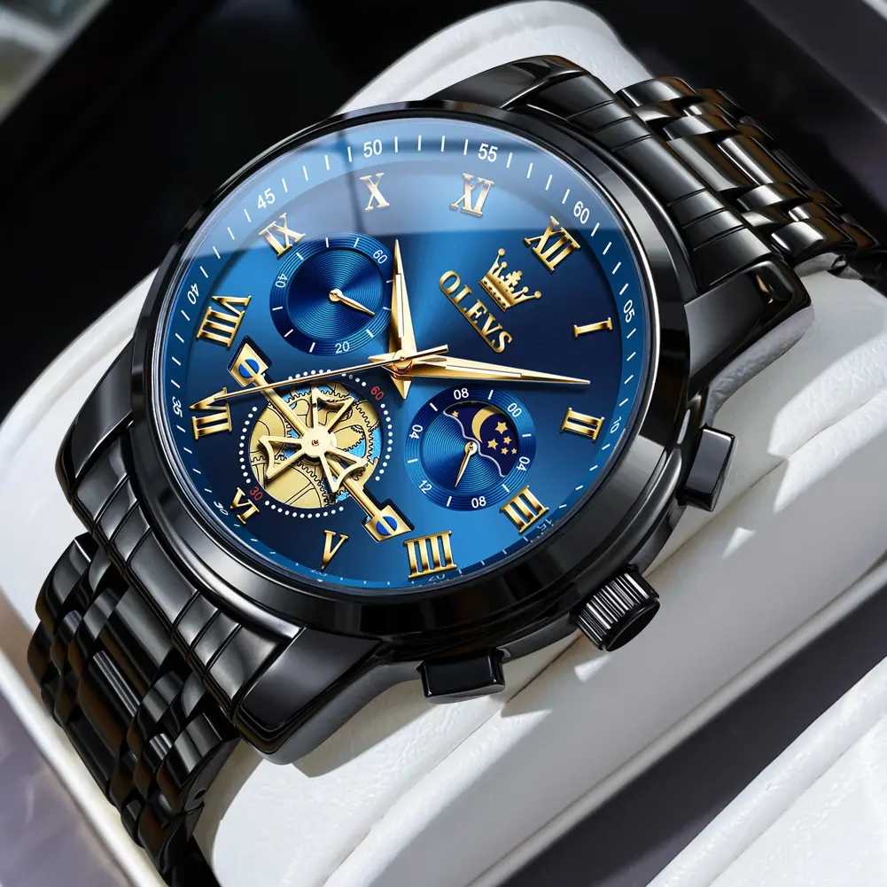 OLEVS G2859 Men's Luxury Chronograph Quartz Watch Silver Stainless Steel Waterproof Luminous Business Dress Analogue Wristwatch Multi Dial Calendar Date Casual Classical Male Clock Perfect Birthday Father's Day Anniversary Gift Box Set for Him