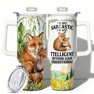 1pc, 40oz/30oz/20oz/14oz Stainless Steel Cup Watercolor Fox Family & Floral Double Wall Vacuum Insulated Cup, Leakproof Lid & Carry Handle Travel Mug for Outdoor Camping Hiking, Gift for Dad, Insulated Tumbler