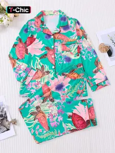 2-Piece Women's Set with Full Body Ocean, Sea Turtle Print Long Sleeve Pants & Top - Soft, Comfortable, Featuring Small Pockets, Stand Collar Design, Button Closure, Elastic Waistband, Suitable for Year-Round Home, Casual, and Everyday Wear