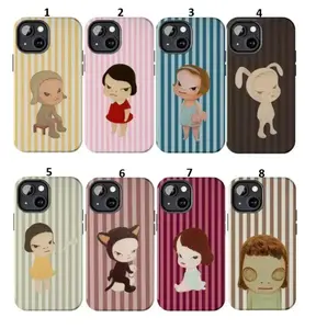 8-Style YOSHITOMO NARA Striped Art Phone Case, Preppy and Cute Aesthetic Japan Cover for iPhone 17-11 Pro Max Plus