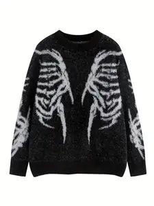 Men's Dark Gothic Skull Jacquard Sweater, Casual Fashion Lazy Style Round Neck Knitwear, Trendy Streetwear