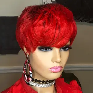 Hot New Arrived Red Color Full Machine Made Pixie Short Cut Human Hair Wig Remy Hair for Women Straight Human Hair Wigs