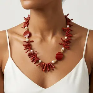Women's Vibrant Red Synthetic Coral Branch Necklace, Elegant Costume Statement Jewelry for Special Occasions