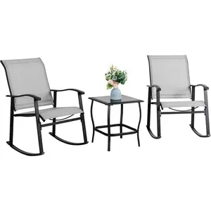 3 Piece Outdoor Rocking Bistro Set, Textilene Fabric Small Patio Furniture Set, Front Porch Rocker Chairs Conversation Set with Glass Table for Lawn, Garden, Balcony, Poolside