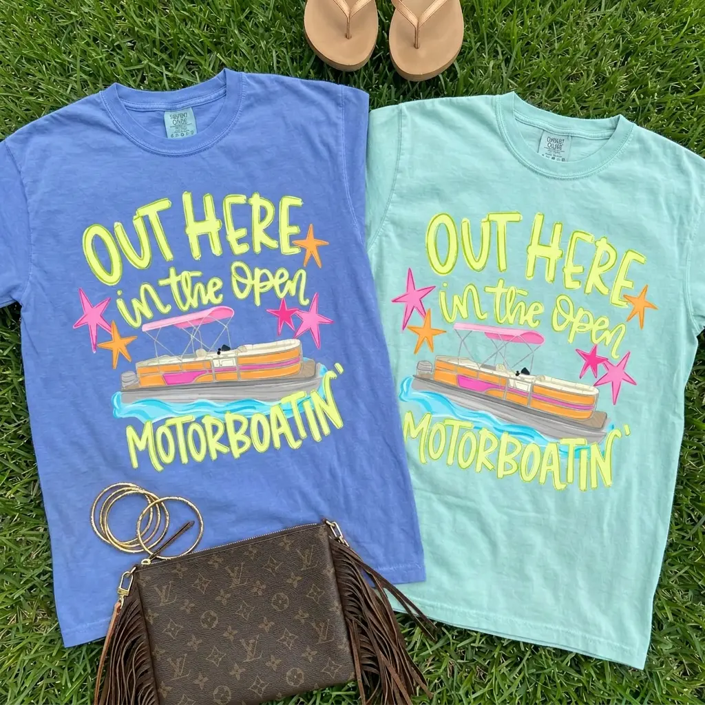 OUT HERE IN THE OPEN MOTORBOATIN WOMANS GRAPHIC TEE