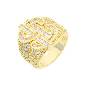 Hip-hop Dollar Ring Large Zircon U-shaped Opening Coin Shape Men's Jewelry Retro Coin Relief Pattern Gold Color Personalized Style