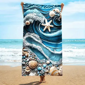 1pc Pack, Microfiber, Beach Towel with Ocean Wave, Seashell, and Starfish Pattern, Quick-Dry Microfiber, Strong Wrap-around Design, Suitable for Beach and Pool Use