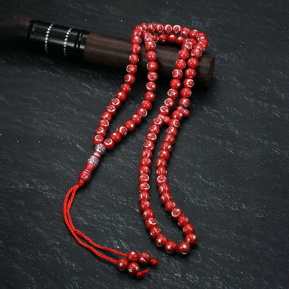 Ethnic Unisex Red Acrylic Bead Bracelet - Hand-Knotted Design, Star and Moon Charms, Casual Ramadan Prayer Gift for Fashion Jewelry Enthusiasts