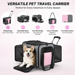 Rolling pet transport box with wheels, expandable rolling pet box - dual-sided design transport box that can be carried crossbody or handheld (with dual-sided cushion) Suitable for pet travel bags for dogs, usable in both winter and summer seasons