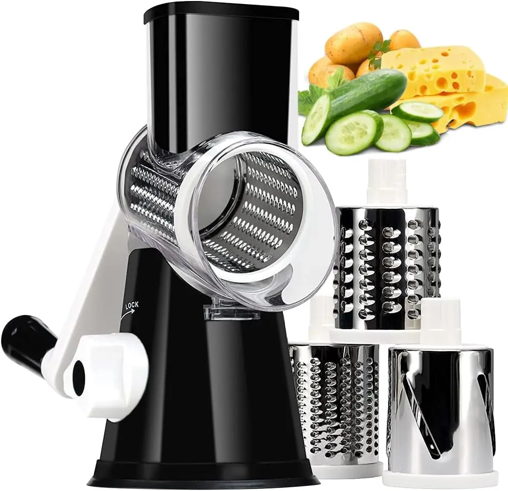 Rotary Cheese Grater Hand Crank Black - Shredder Slicer Grinder 3 Stainless Steel Blades, Stable Suction, Labor-Saving Handle, Safe Kitchen Tool for Cheese, Vegetable, Nuts, Chocolate