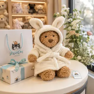 (40cm) 100% Authentic Jellycat Bartholomew Bear Bathrobe Plush with Original Tag & Gift Bag, Genuine Teddy Bear in Bunny Robe, Soft Stuffed Animal Baby Birthday Gift