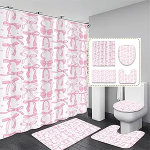 Bow Pattern Bathroom & Restroom Accessories, 1 Set Shower Curtain & Toilet Mat & Bath Mat & Toilet Lid Cover, Bathroom Decor Supplies, Bathroom Decor And Accessories, Shower Curtain Sets