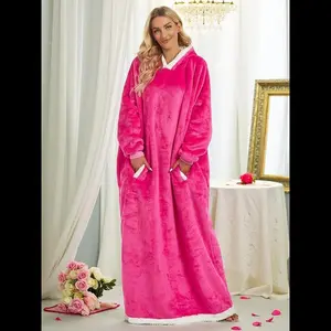 【Plus Size】 Solid Color Fuzzy Lounge Robe, Casual Long Sleeve Hooded Pocket Design Bathrobe, Women's Sleepwear for Fall & Winter