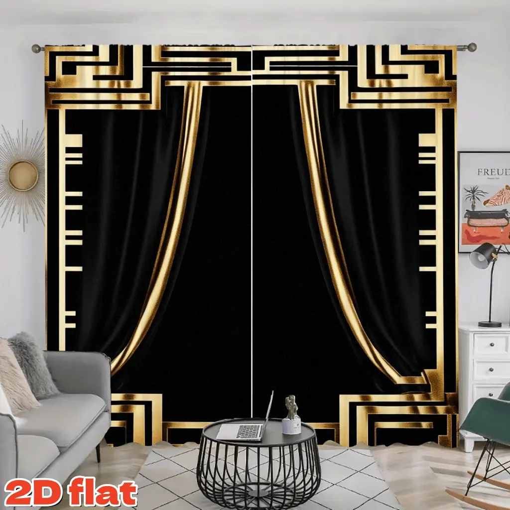 2D Flat 2Pcs Black and Gold Art Deco Curtains, Luxury Geometric Pattern Window Drapes, Elegant Half Sunshade Panel for Living Room Bedroom Dining Home Decor, Christmas Gift, Anti Privacy, Home Decoration Curtain, Home Decorative Curtain