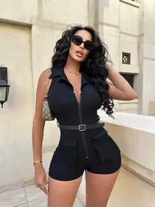 Women's Sleeveless Lapel Zip Front Cargo Short Romper, Detachable Square Buckle Belt High Waist Bodycon Utility Jumpsuit, Curvy Fit Night Out Streetwear Playsuit