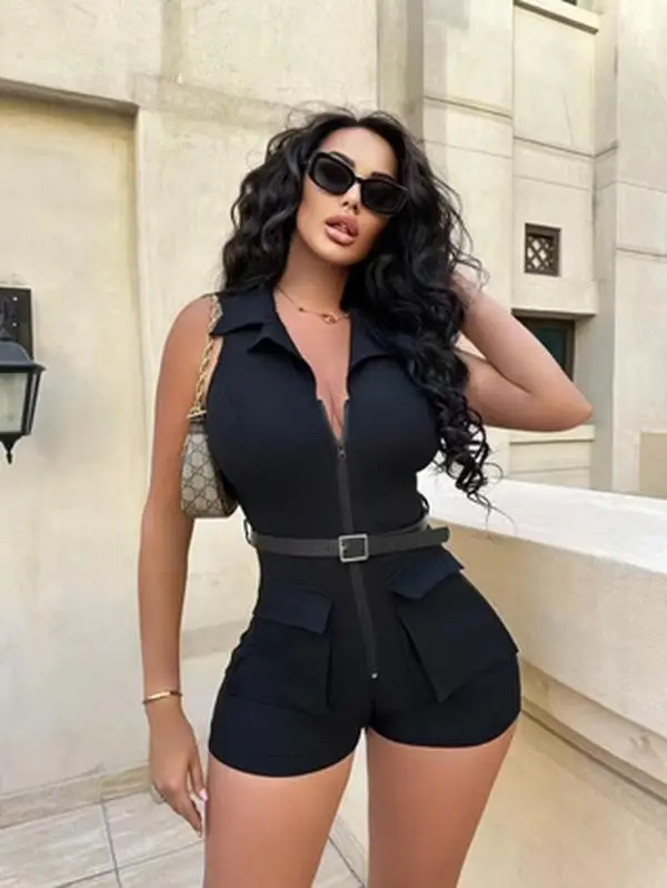 Women's Sleeveless Lapel Zip Front Cargo Short Romper, Detachable Square Buckle Belt High Waist Bodycon Utility Jumpsuit, Curvy Fit Night Out Streetwear Playsuit