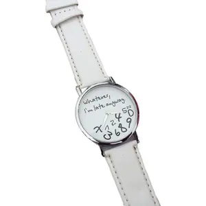 "Whatever, I'm late anyway" Print Leather Women Men  Quartz Watch Black