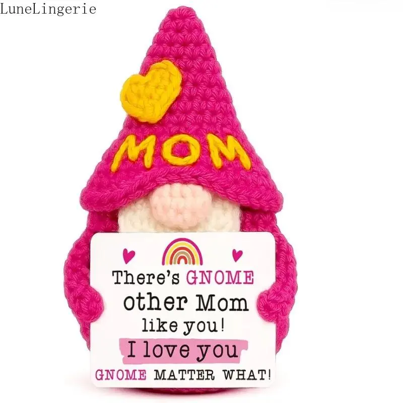 Handmade Crocheted Yarn Gnome Figurine by Lune - "Gnome Matter What" Sentimental Pink with Yellow Heart, Mother Gift (Mother's Day Idea)