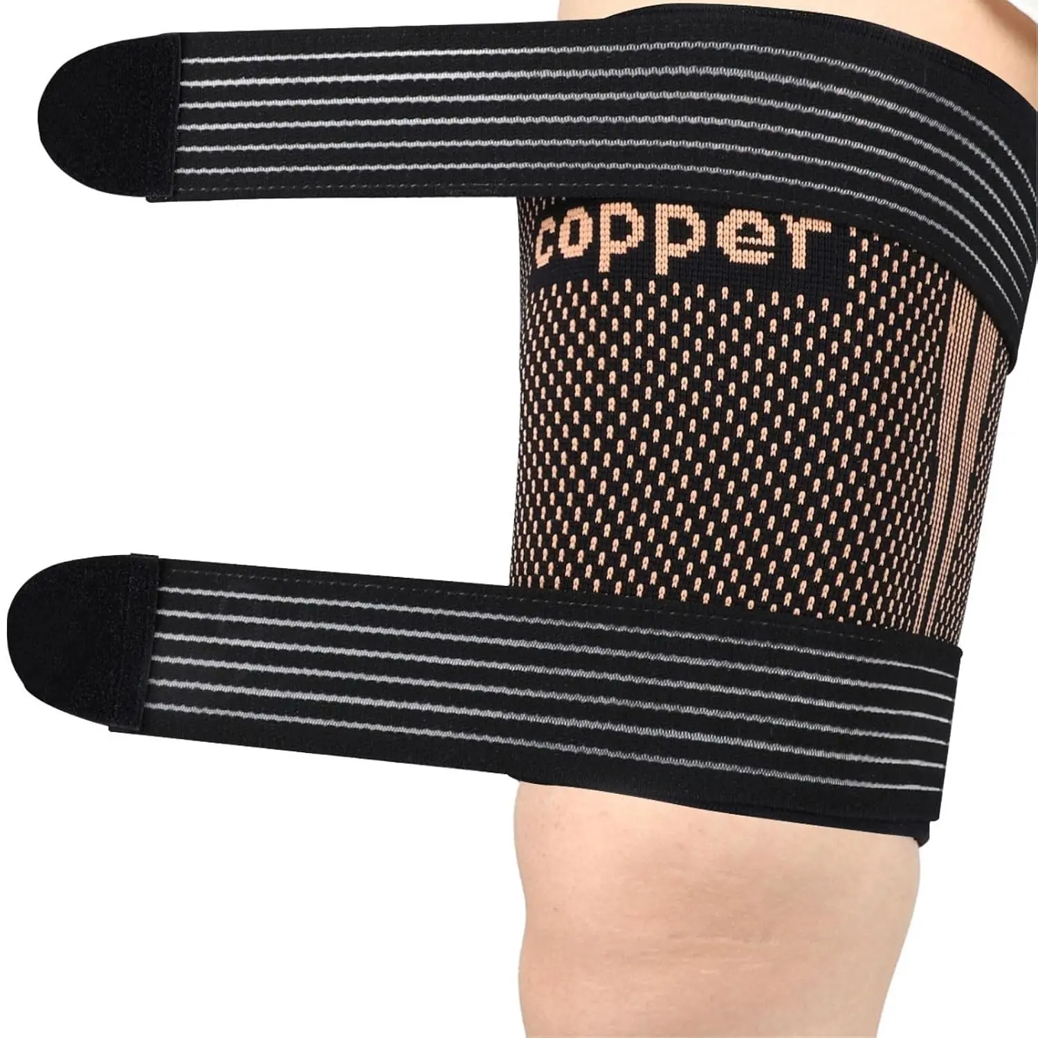 Hamstring Compression Sleeves with Adjustable Straps - Copper Infused Thigh Sleeve Support for Running Recovery & Sports - Thigh Brace for Men & Women