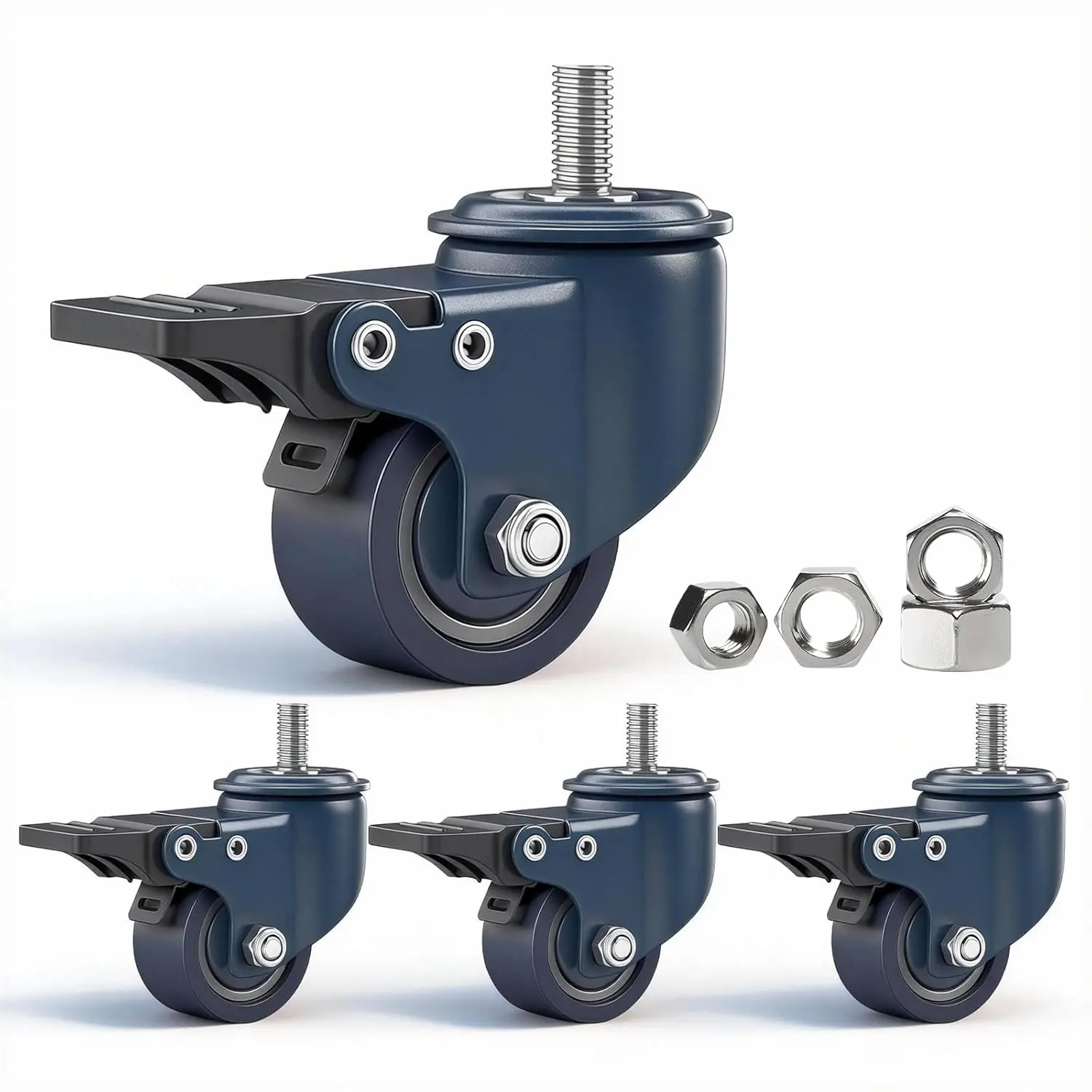 LSWHEE 1.6 Inch M8 Threaded Stem Locking Caster Wheels Set of 4, Heavy Duty 360° Swivel PU Furniture Casters with Double Brake, 450 lbs Capacity for Carts, Shelves, Cabinets & Workbenches