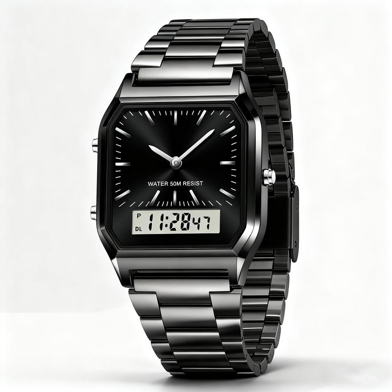 Stainless Steel Digital Sports Watch With Led Dual Display Unisex Water Resistant Quartz Wristwatch