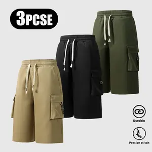 Men’s Summer Cargo Shorts, Pack of 3 – Loose Straight-Leg Bermuda Shorts with Multiple Pockets and Drawstring, Casual Breathable Sports Shorts