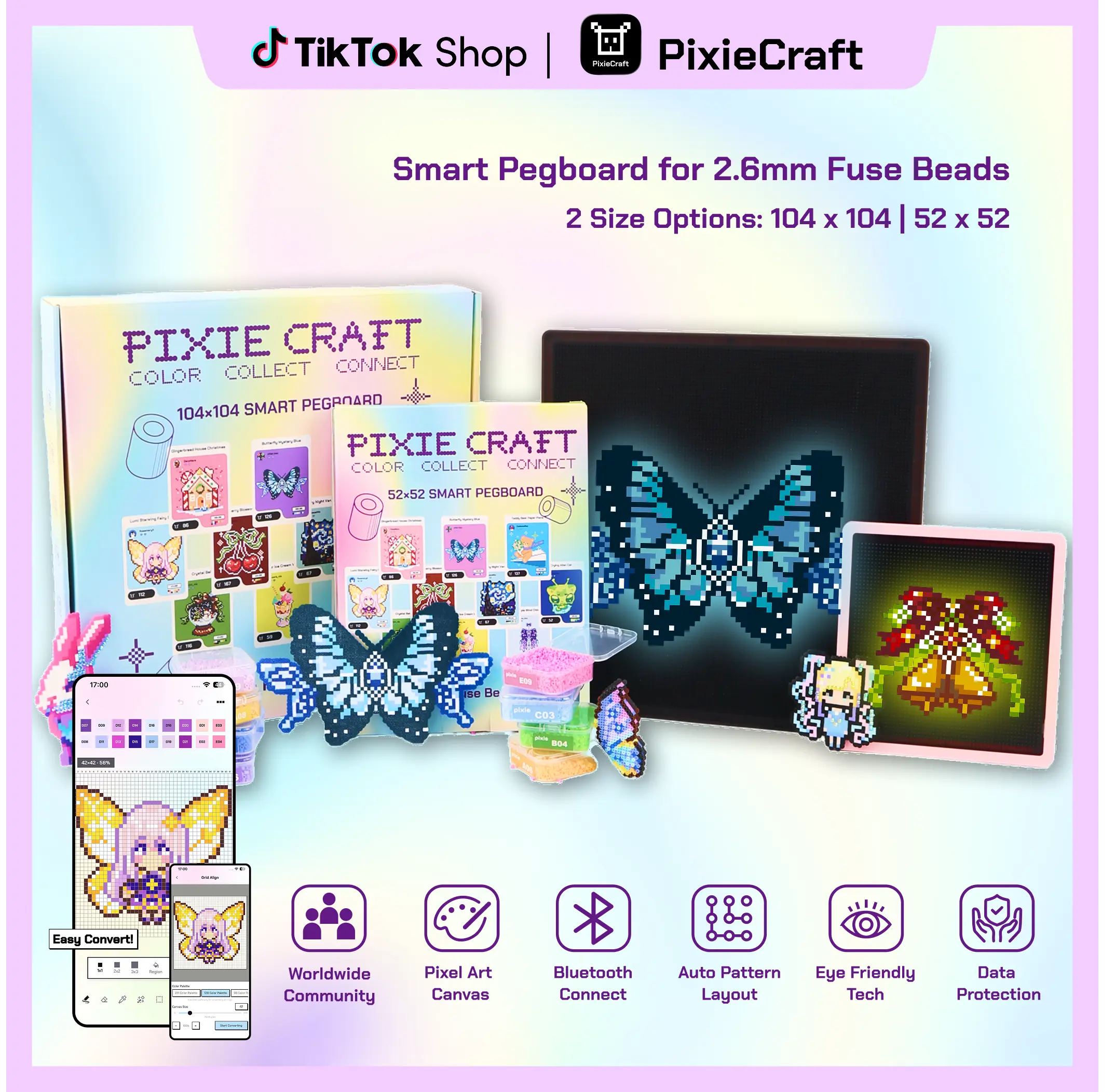 PixieCraft 52 x 52 & 104 x 104 Black Smart Pegboard for 2.6mm Fuse Beads, Eye-Friendly LED Pixel Art Board with Bluetooth, Compatible with PixieCraft Design App, Photo-to-Pattern, 2mm Stable Pins, Matte Finish