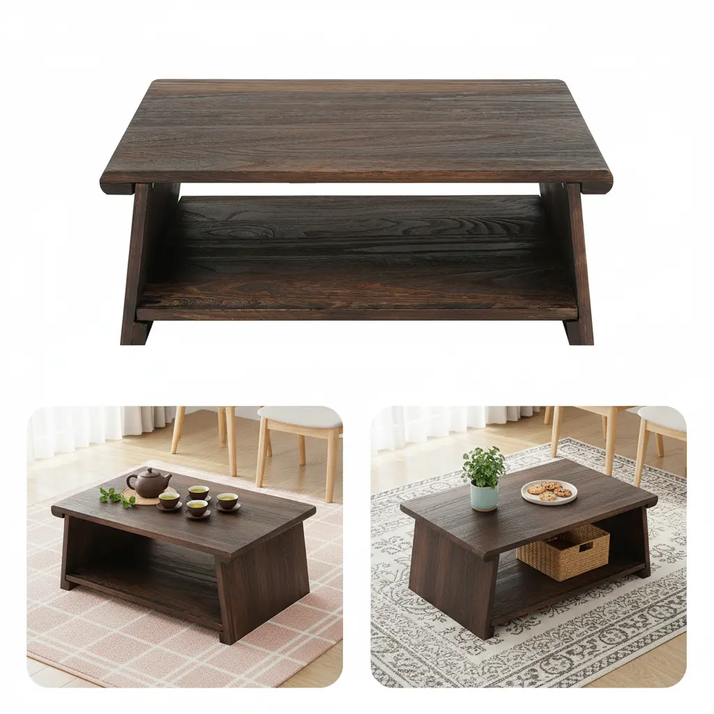 Rectangular Folding Solid Wood Tea/Coffee Table with Carbonized Finish, 50kg Load Capacity, Assembly-Required for Home Office Indoor Furniture Use