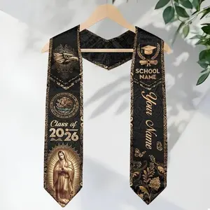 Personalized Class of 2026 Graduation Stole – Black Gold Mexico Style Grad Sash with Our Lady of Guadalupe Custom Name School Stole