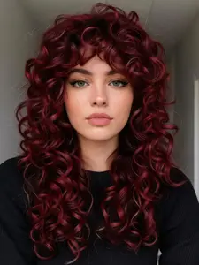 Long Burgundy Curly Wig with Bangs for Women, Big Bouncy Fluffy Afro Synthetic Hair, Heat Resistant Glueless Wig for Daily Wear & Cosplay, Synthetic Curly Wigs