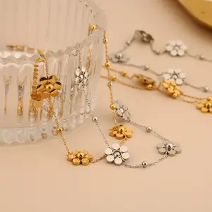 Elegant Stainless Steel Floral Daisy Necklace with 6 Petals and Bead Chain, Color Retaining, Fashionable Design