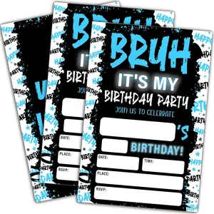 Bruh It's My Birthday Party Invitations, 20Pcs Blue Fill In Invitation Cards with Envelopes, Double Sided You're Invited Cards for Boys Teen Kids Birthday Supplies (4x6 inch)