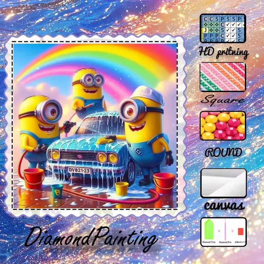5D-DIY, advanced velvet canvas, diamond art, Diamond Art Tools, diamond painting kit, Minions, car wash, rainbow AB diamonds, fairy dust diamonds, crystal diamonds, perfect home decoration, handmade diamond art painting kit, special craft diamond art kit