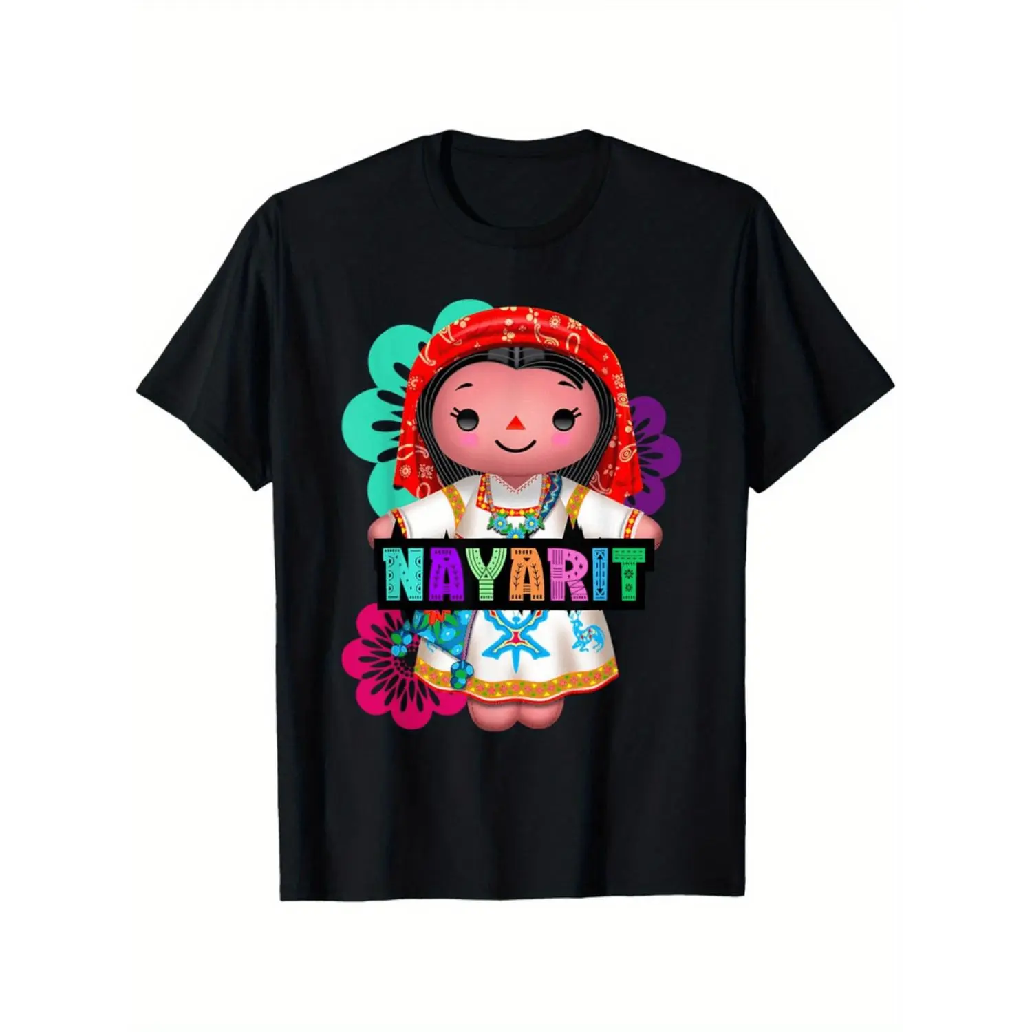 Handcrafted Nayarit Muñeca Lelé T-Shirt - 100% Cotton, Soft & Skin-Friendly, Vibrant Mexican Doll Print, Casual Round Neck Tee, Perfect Gift for Friends & Family, Black, Sizes S-XXXL