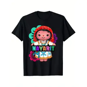 Handcrafted Nayarit Muñeca Lelé T-Shirt - 100% Cotton, Soft & Skin-Friendly, Vibrant Mexican Doll Print, Casual Round Neck Tee, Perfect Gift for Friends & Family, Black, Sizes S-XXXL