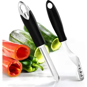 Jalapeno Pepper Corer & Zucchini/Cucumber Corer, Set of 2, Stainless Steel Core Deseeder Kitchen Tool with Serrated Slice and Rubber Handle, Easy for Seed Remover or Slice off Vegetables tops