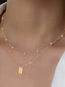 Women's Stainless Steel Chain Necklace Set, Rectangle Letter Pendant & Beaded Design, Casual All-Season Jewelry