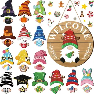 Interchangeable Wooden Gnome Decor Holiday Seasonal Gnome Decorations with Magnet Pieces and Detachable Hats Changeable Welcome Sign for Home(Delicate Style)