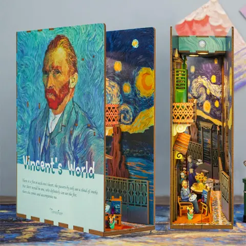 Tonecheer Vincent's World 3D Wooden DIY Book Nook Kit for Adults, Solid Wood Slats Bookend Bookshelf Insert, Van Gogh Craft with Motion Sensor LED Light, Library Decor (Batteries Required) – 3D Puzzle, Handmade Crafts, Hobbies Kit Adults
