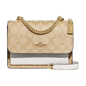 COACH Klare 18 Classic Monogram Flap Shoulder Bag for Women – Saffiano Leather and Faux Leather, Crossbody Mini Bag in Light Khaki and Chalk White
