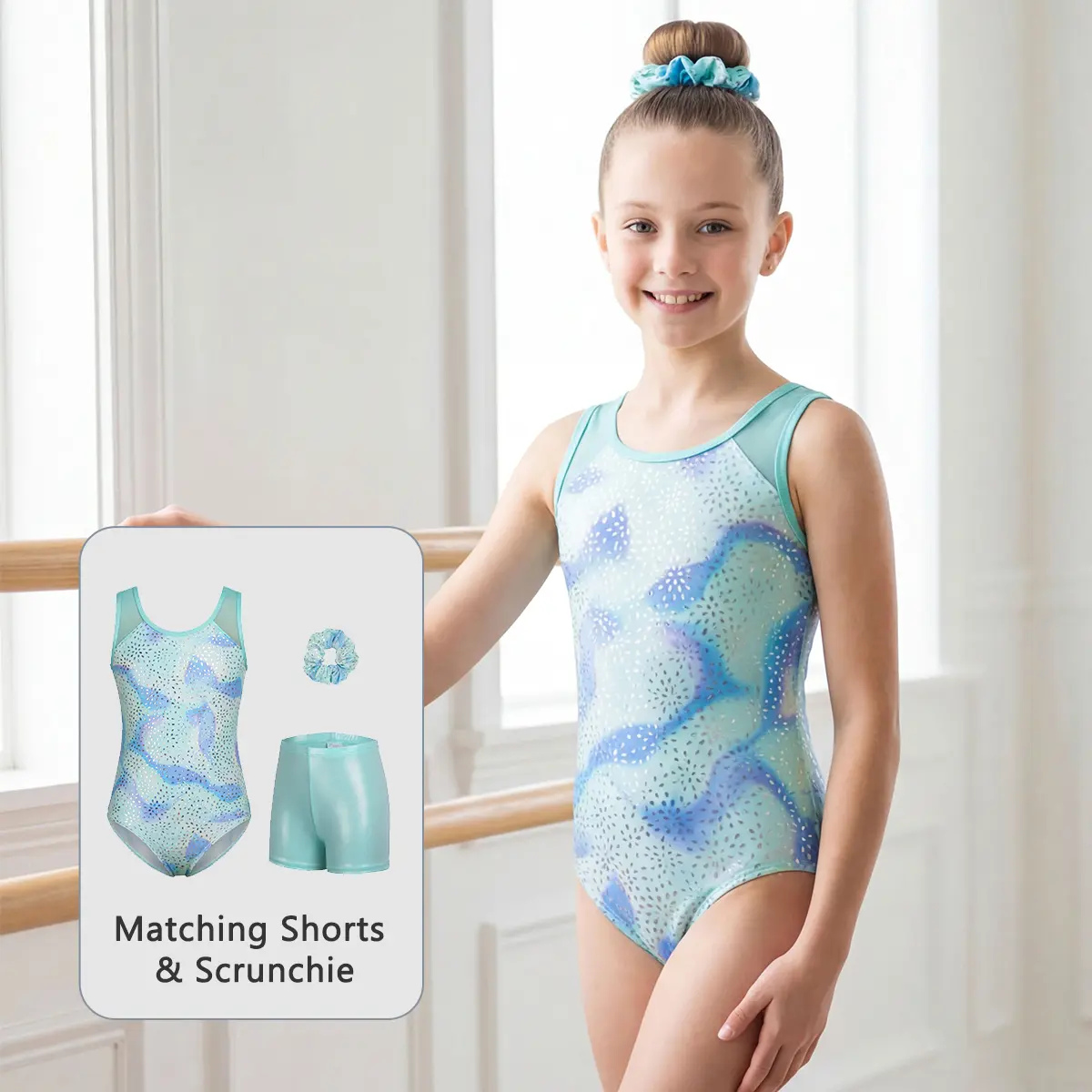 Beautyin Girls Sparkle Gymnastics Leotard 3-Piece Set | Mesh Strap Dance Unitard with Shorts & Hairband | Removable Pads for Tweens (11-12Y)