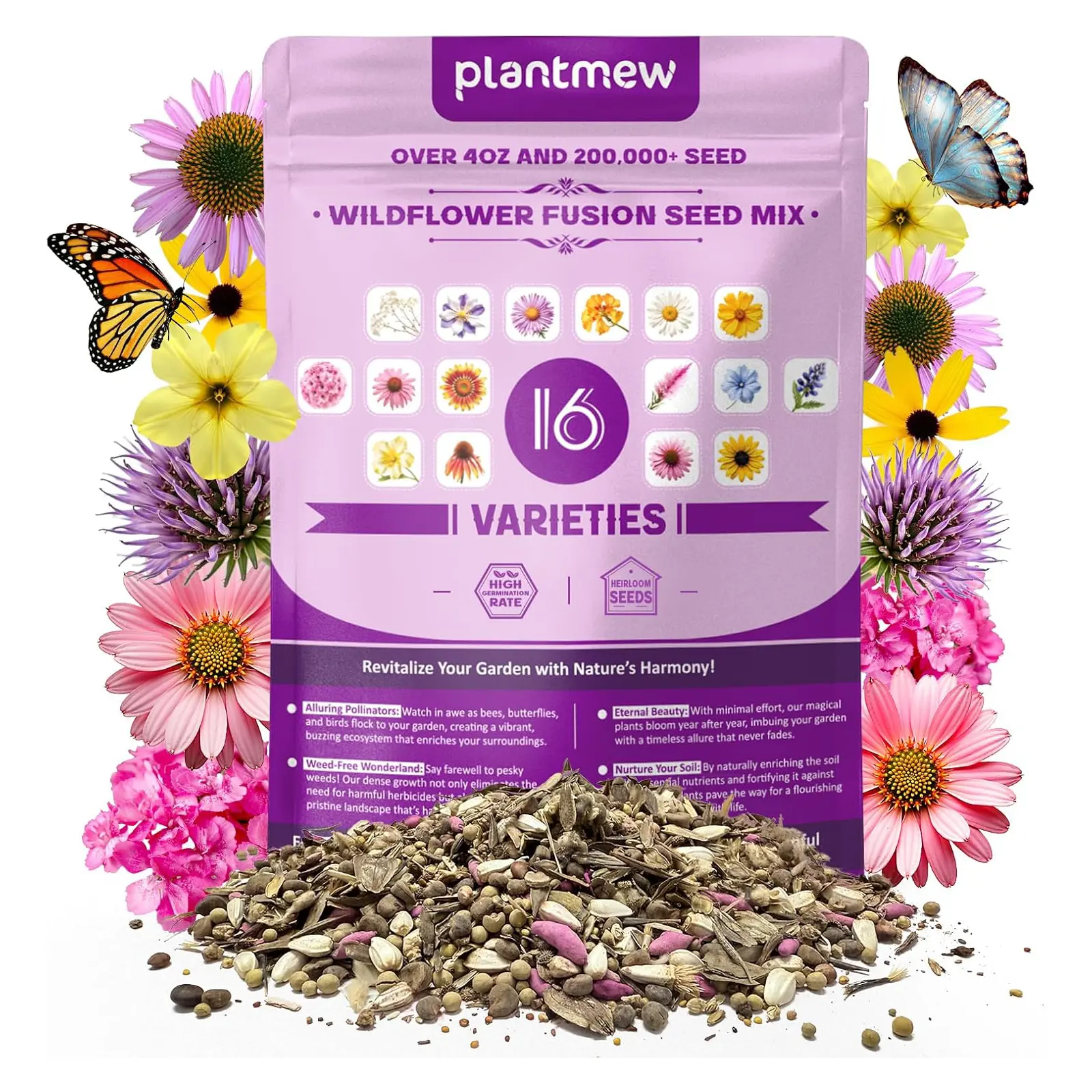 200,000+ Wildflower Seeds [4oz] 16 Variety Perennial Mix - Heirloom Seeds for Pollinator Gardens | Attracts Bees/Birds/Butterflies | High Germination Rate for Indoor & Outdoor