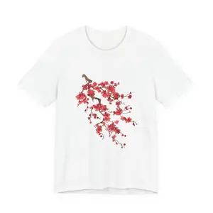 Cherry Blossom Branch T-Shirt Red Floral Tee Medium Fitted Short Sleeve Crew Neck Casual Summer 100% Airlume Cotton Breathable Artisanal Art