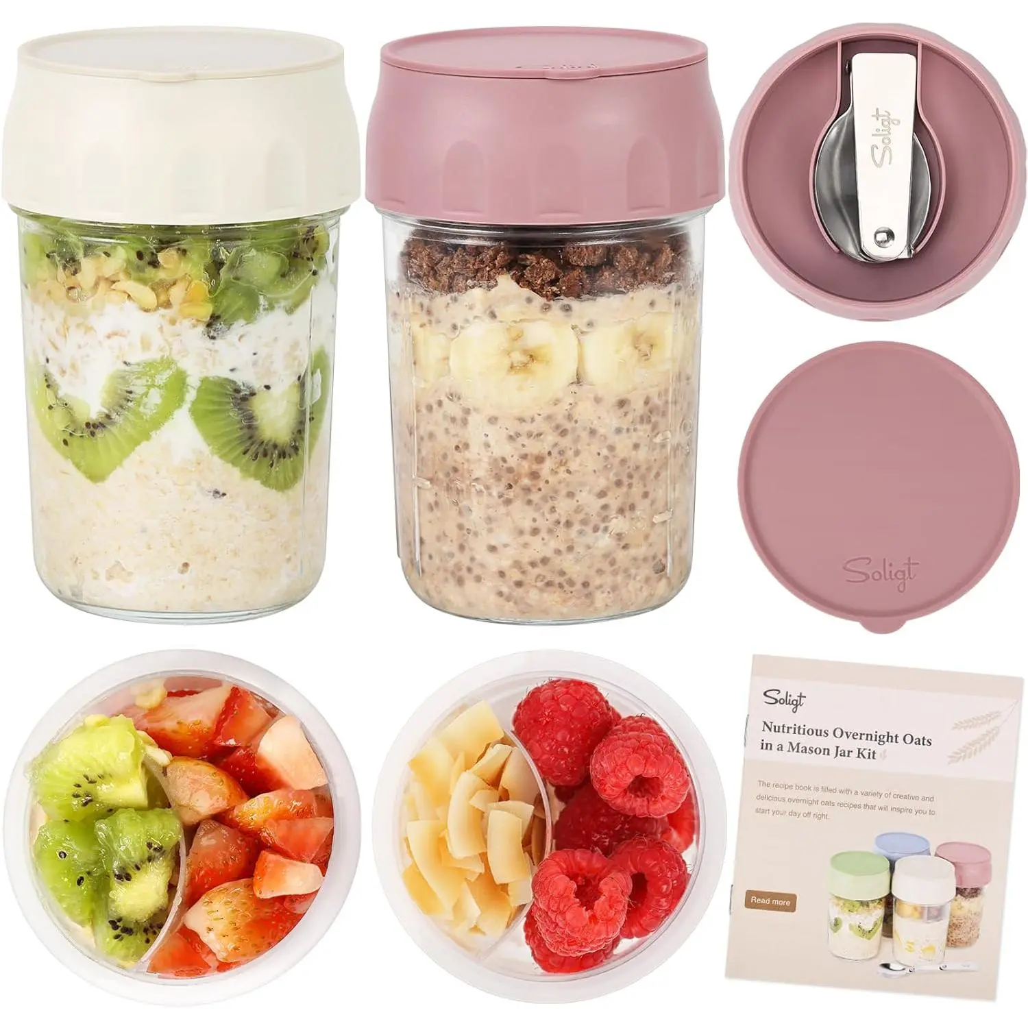 Soligt Overnight Oats Containerswith Lids, Folding Spoons, and DividedCompartments for Fruit & Nuts, Small Glass160z Mason Jars for Oatmeal Yogurt ParfaitKitchen Utensils 2026 Canister StoragePortable Reusable Airtight Waterproof TinMothersdaygift