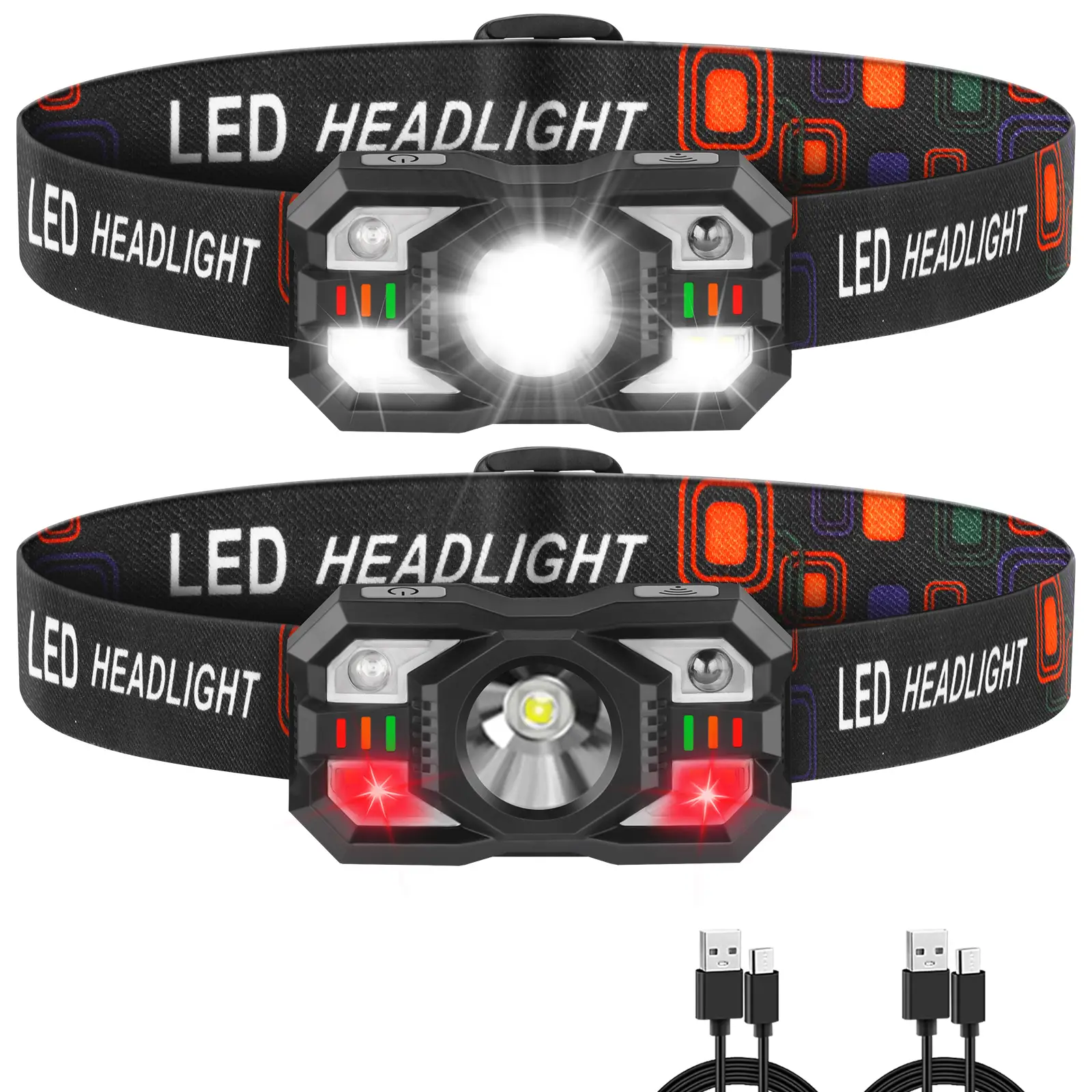 Rechargeable Headlamp 2-Pack, High Lumen Super Bright LED Headlamp with Red Light, Motion Sensor for Adults Kid, flashlight,Waterproof Lightweight He