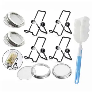 4 Pack Stainless Steel Sprouting Jar Lid (for 32oz Glass Jars) with 4 Pack Stainless Steel Sprouting Stands and 1 Cleaning Brush for Wide and Wide Mouth Mason Jar for Growing Organic Sprouts, NO Including Glass Jars